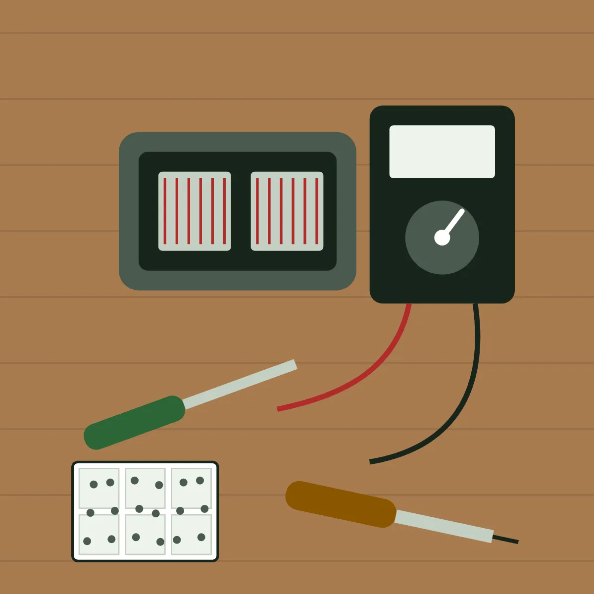 Drawing of a workbench seen from above with an opened toaster, a screwdriver, a multimeter, a soldering iron and a small box of screws.