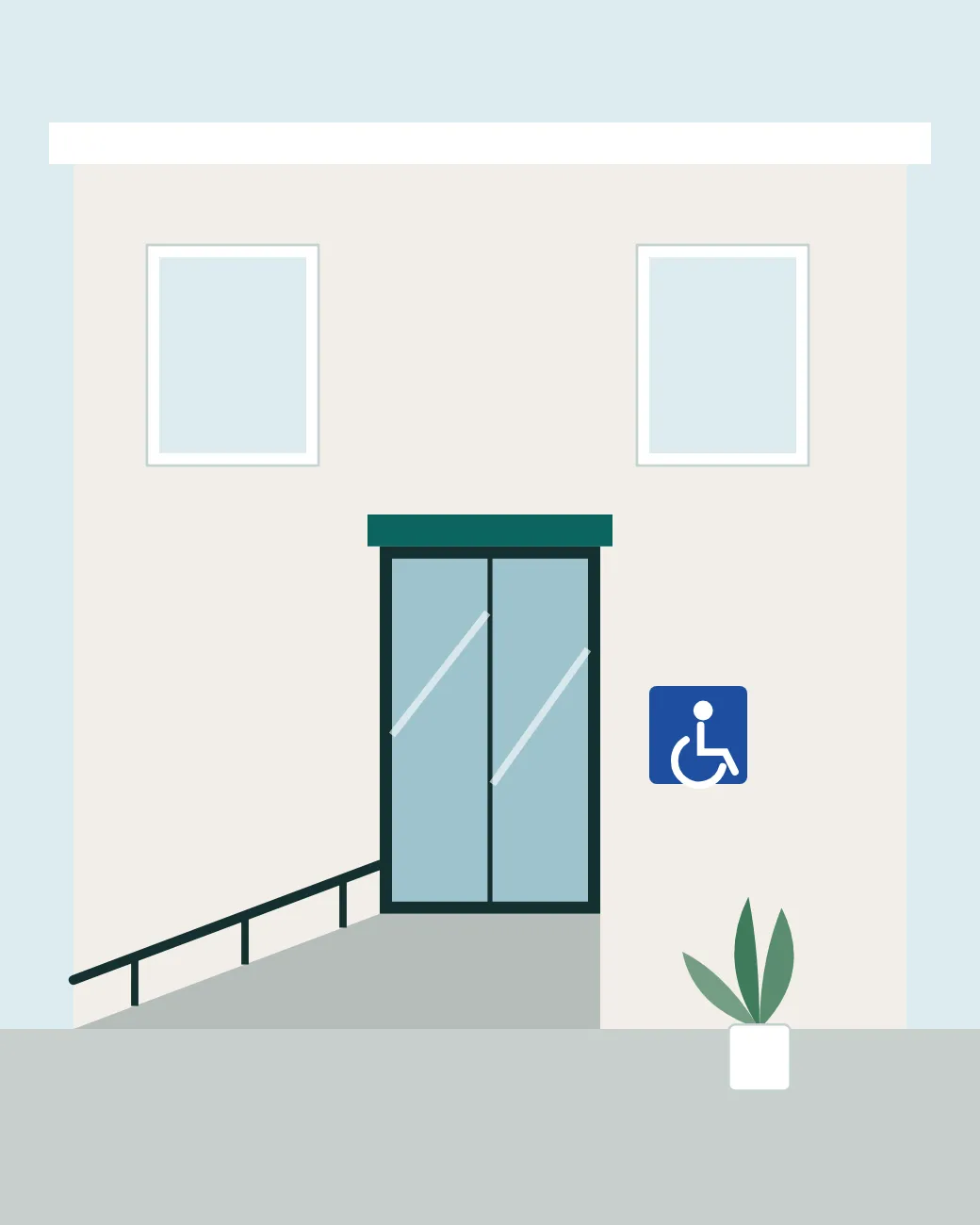 Illustration of the entrance of the practice: glass sliding doors at street level, a ramp with a handrail and a sign with the wheelchair symbol next to the door.