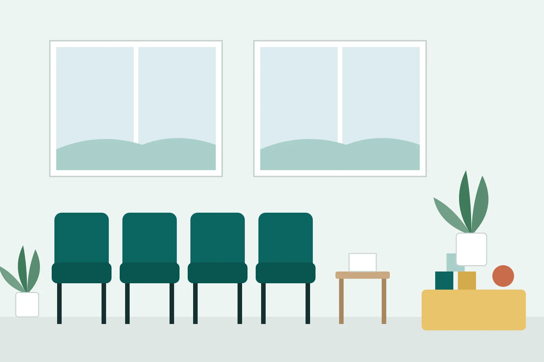 Illustration of a waiting room: four teal chairs under two windows, a small table, plants and a play corner with toy blocks for children.