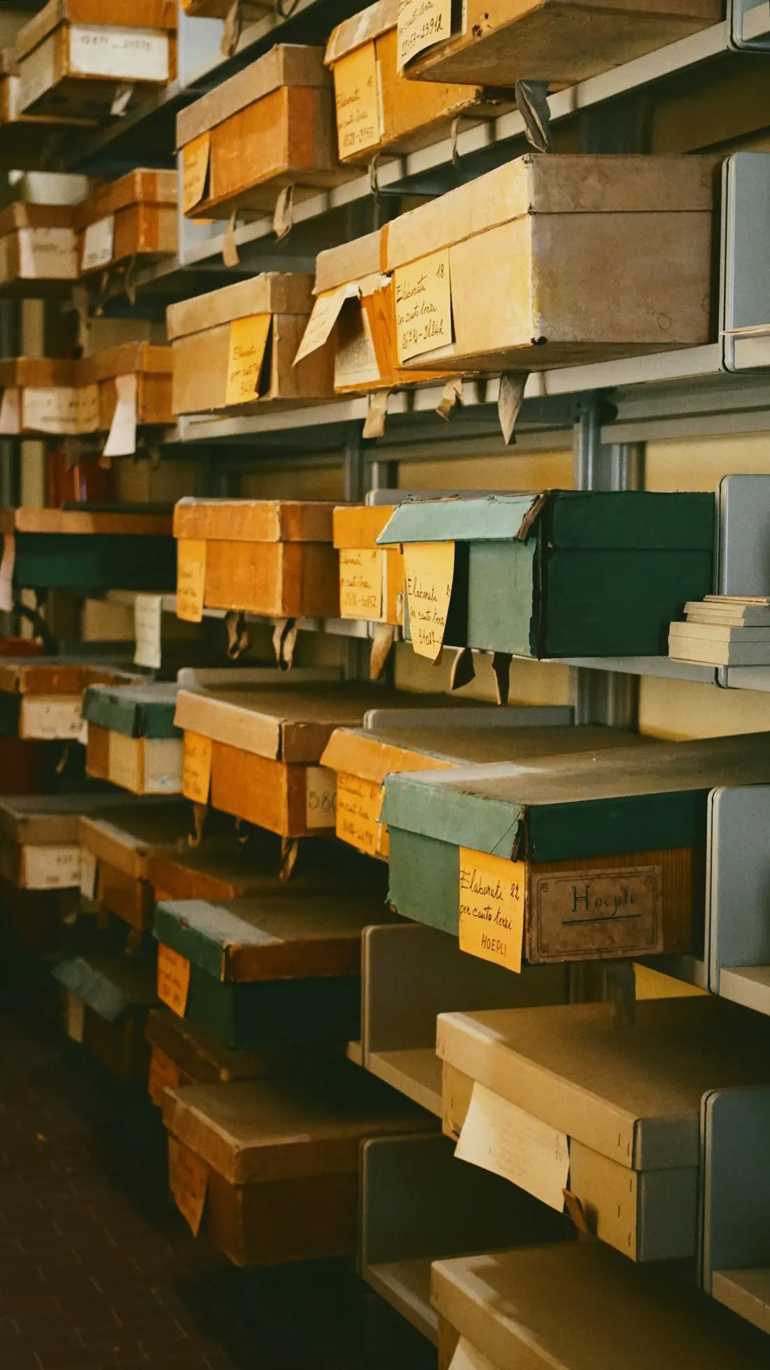 Shelves stacked with labelled archive boxes in buff, grey and green.