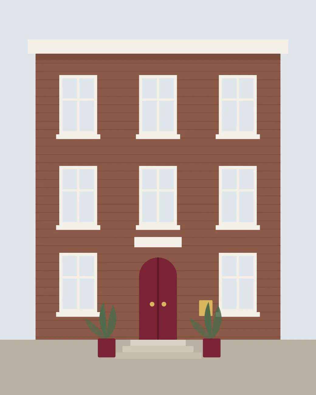 Illustration of the firm's building: a brick townhouse with white window frames, a dark red front door under an arch, a brass name plate and plants beside the steps.