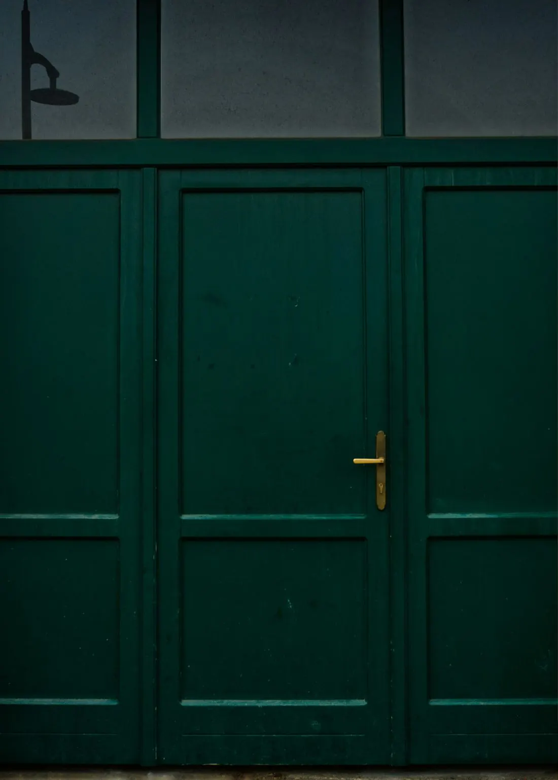 A dark green panelled double door with a brass handle, set in a pale wall.