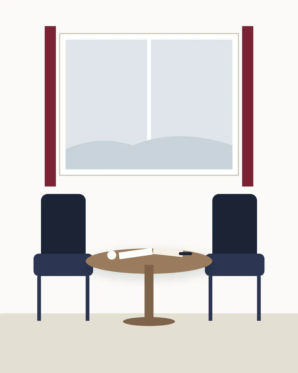 Illustration of a meeting room: two dark chairs facing each other at a small round table with papers, a tall window with red curtains behind them.