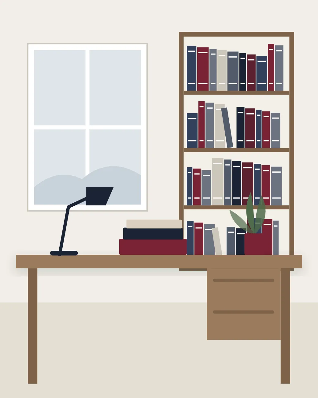 Illustration of a lawyer's office: a desk with a lamp and a stack of files in front of a window, a tall bookshelf full of law books and a plant beside it.