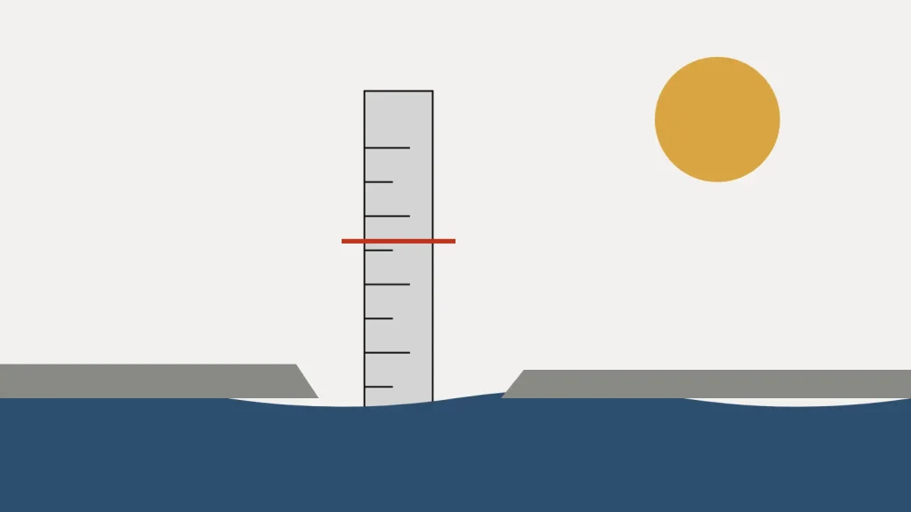 A stone pier with a gauge rises from low blue water, a red line marks the old water level