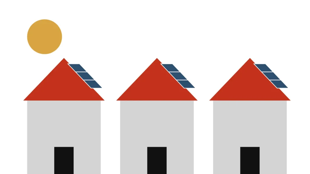 Three houses with red roofs and blue solar panels under an ochre sun