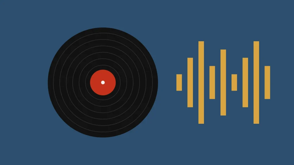 A black record with a red label next to ochre bars of a sound wave on blue