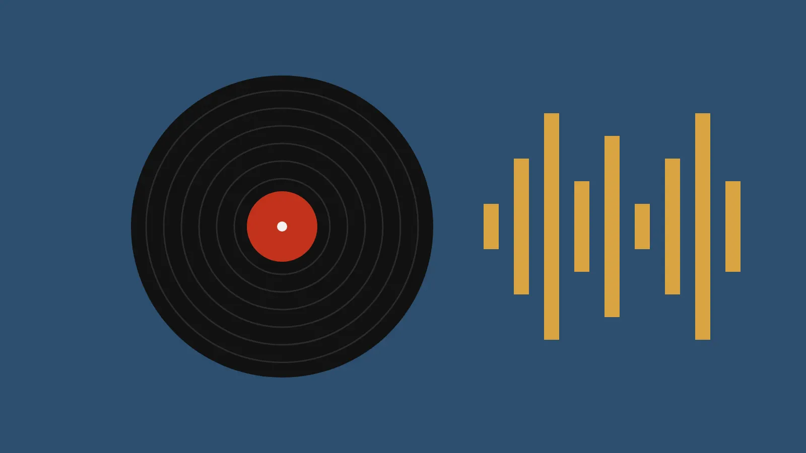 A black record with a red label next to ochre bars of a sound wave on blue