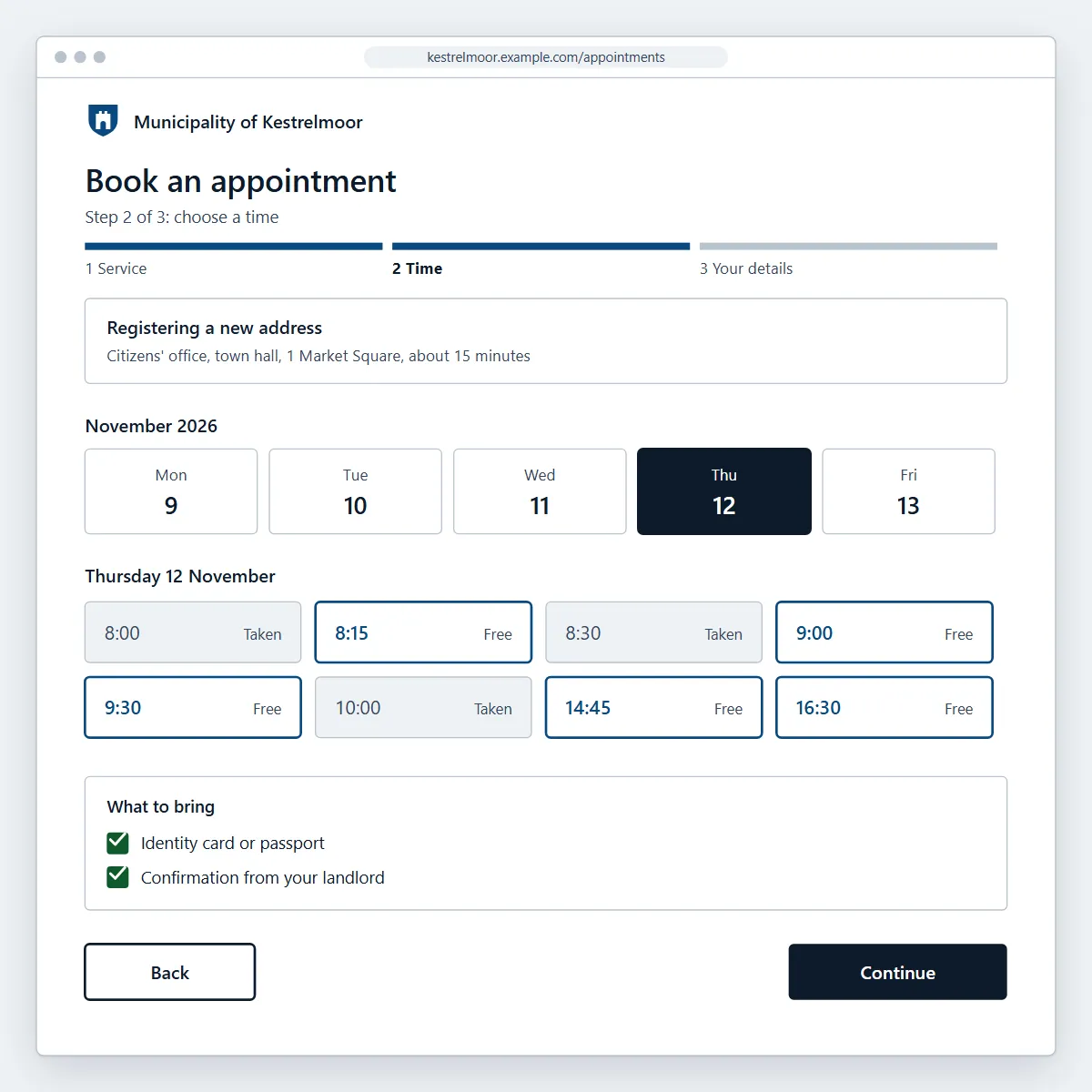 Booking an appointment on the Kestrelmoor website, step 2 of 3: for registering a new address at the citizens' office, Thursday 12 November 2026 shows free times at 8:15, 9:00, 9:30, 14:45 and 16:30, and the list of what to bring names the identity card and the confirmation from the landlord.
