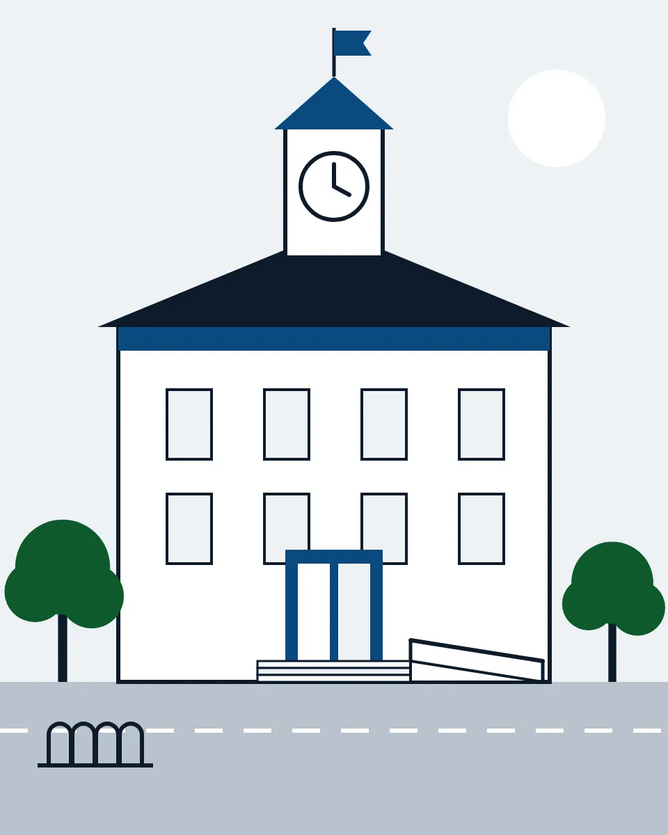 Drawing of a town hall with a clock above the open main door, a ramp beside the front steps and a bike rack on the square in front.