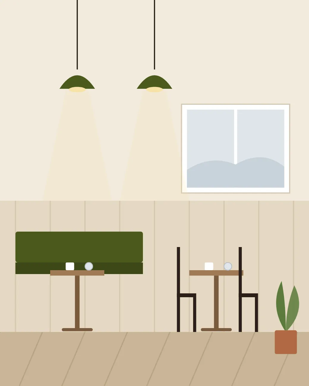 Illustration of the dining room: two pendant lamps over a green bench with small wooden tables, dark chairs, a window and a plant in the corner.