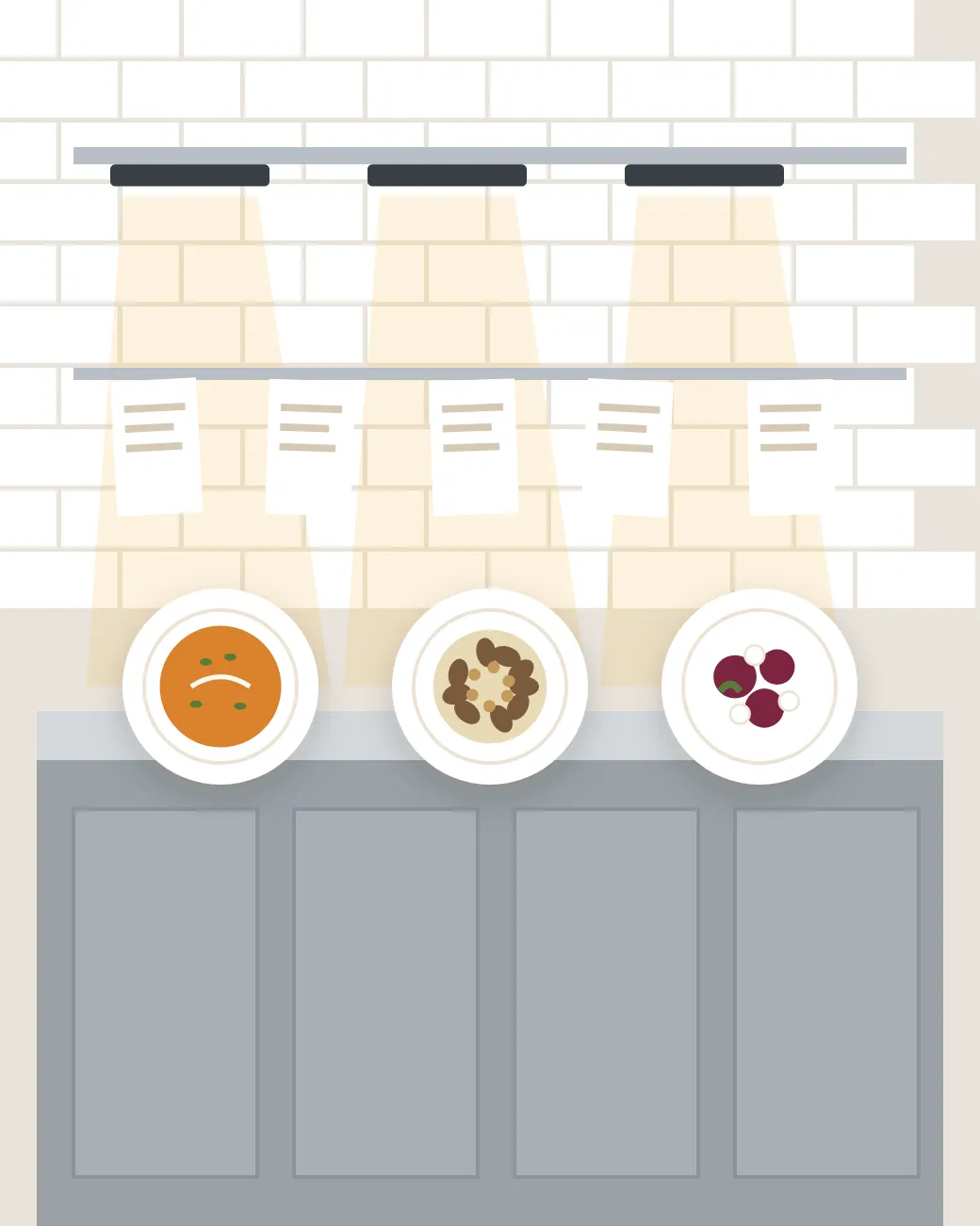Illustration of the kitchen pass: three plates with pumpkin soup, barley risotto and roasted beetroot under warm lamps, blank order tickets on a rail above.