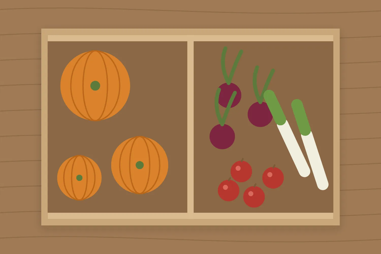 Illustration seen from above: a wooden crate of autumn produce with three pumpkins, beetroot with their leaves, two leeks and red apples.