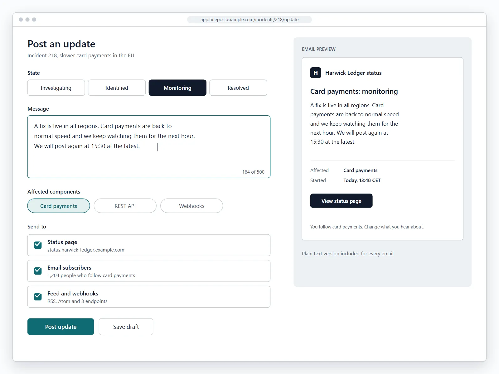Writing an update in Tidepost: the state monitoring is chosen, card payments is marked as affected and the update goes to the status page, 1,204 email subscribers and the feed, with a preview of the email beside it.