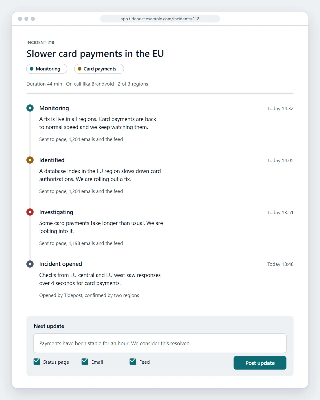 Incident 218 in Tidepost, slower card payments in the EU: four updates from incident opened through investigating and identified to monitoring, each with its time and where it was sent, and a field for the next update.