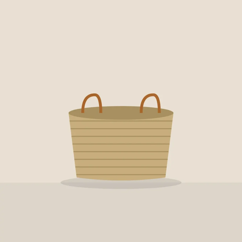 Round woven seagrass basket with two leather handles