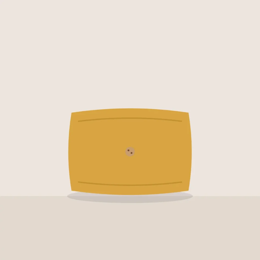 Square ochre wool cushion with a single wooden button