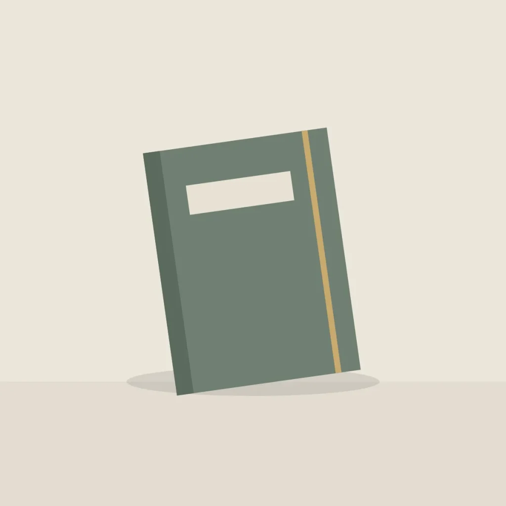 Green linen notebook with a cream label and a gold ribbon