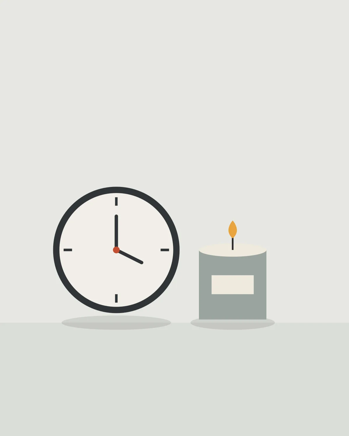 Wall clock and a lit candle on a quiet grey shelf