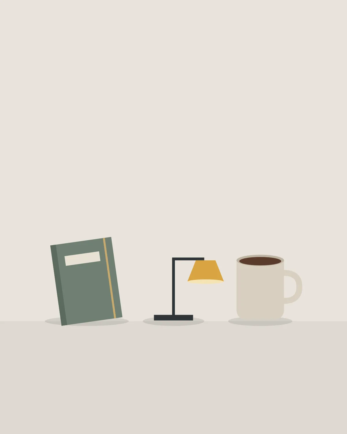 A green linen notebook, a black desk lamp with an ochre shade and a stoneware mug on a pale shelf