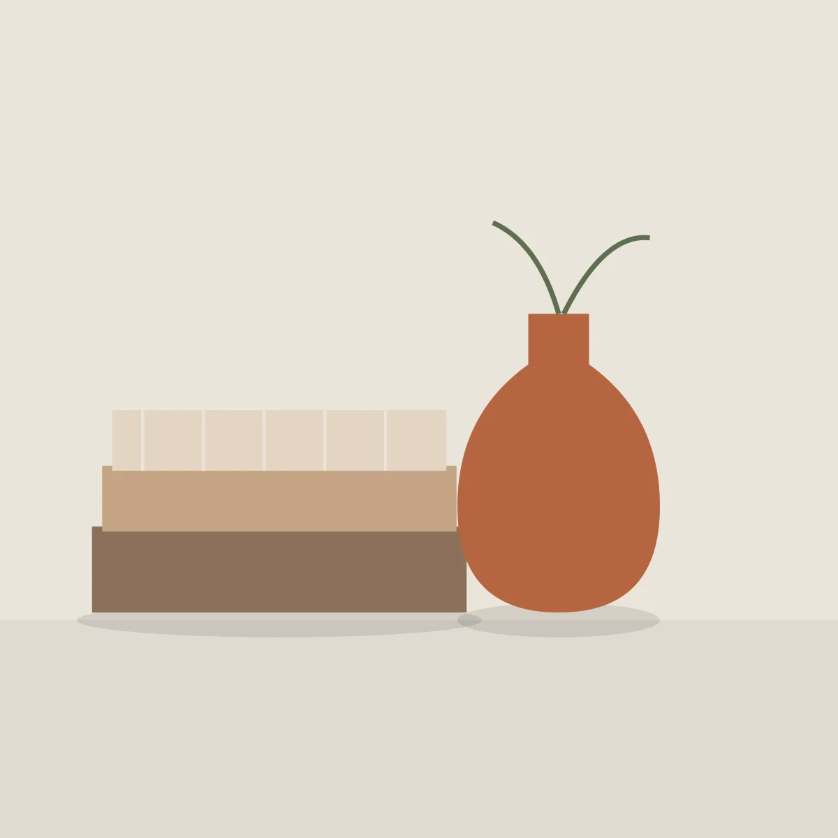 Folded wool throws next to a terracotta vase with two stems