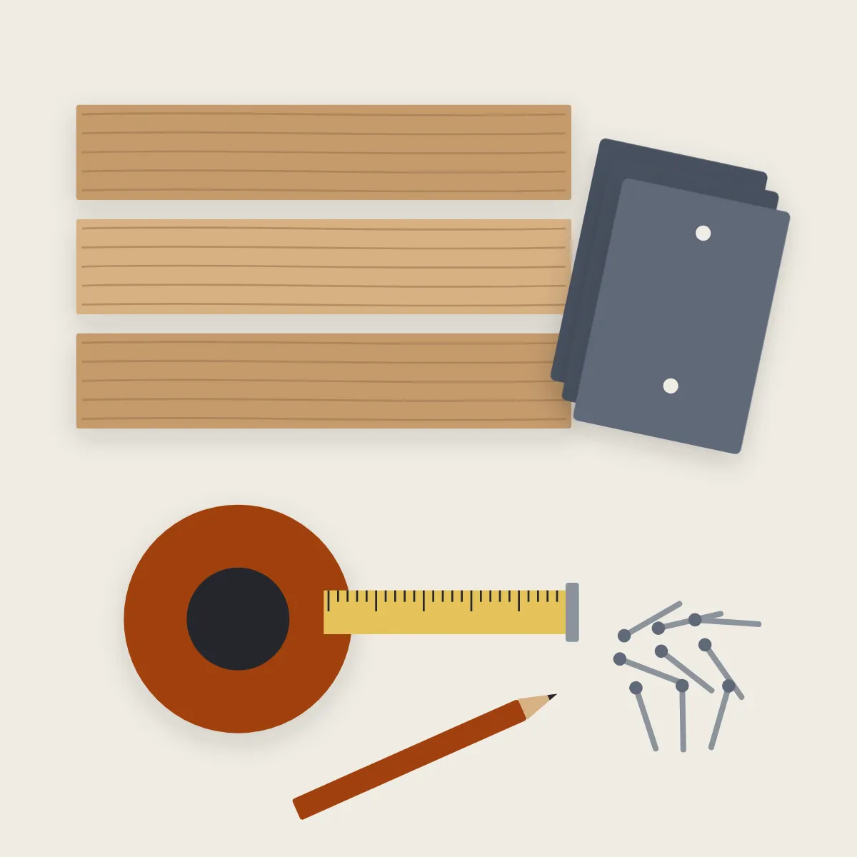 Illustration seen from above: three oak and larch boards, a stack of grey roof slates, a rust red tape measure, a handful of nails and a carpenter's pencil.