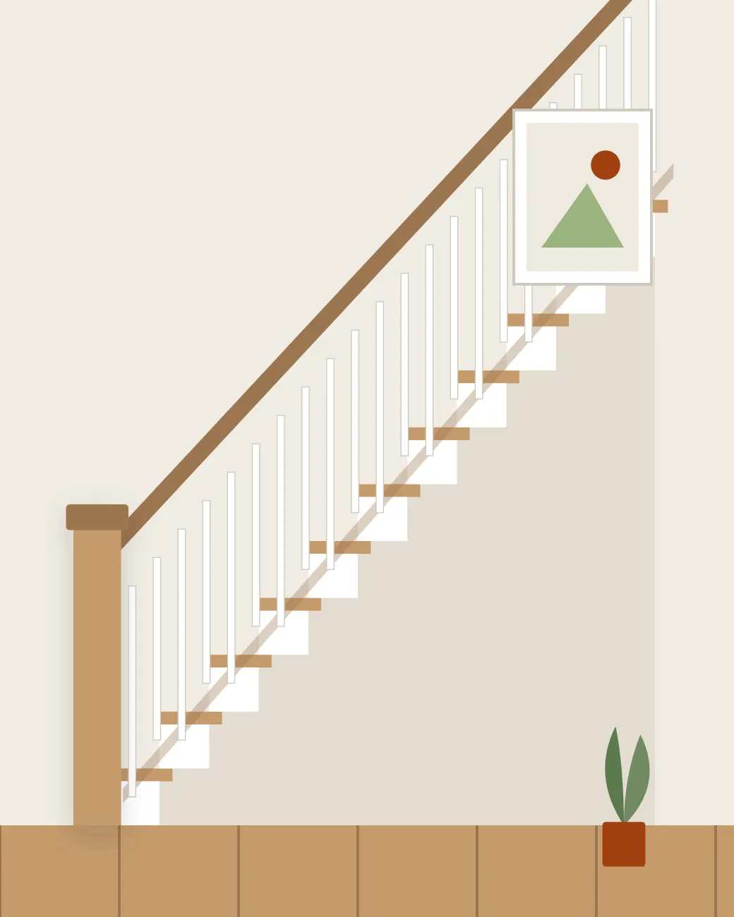 Illustration of a new oak staircase with white risers, white spindles and an oak handrail ending in a square newel post, a framed picture on the wall above.