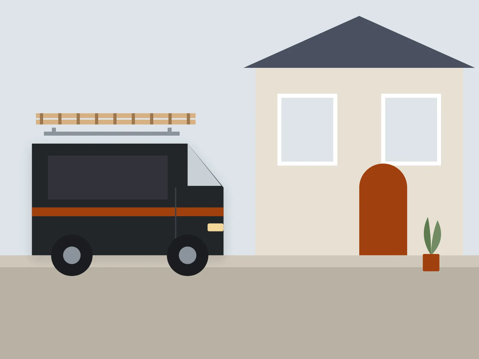 Illustration of a dark company van with a rust stripe and a ladder on the roof rack, parked in front of a light house with a rust red front door.