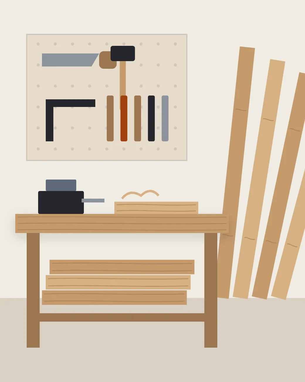 Illustration of a joinery workshop: a tool board with a saw, a square and chisels, a workbench with a vice and a board on it, and long timber boards leaning against the wall.