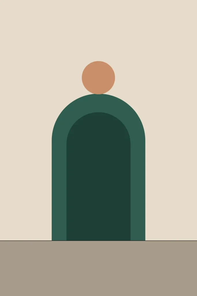 Illustration of a green arched doorway beneath a terracotta sun